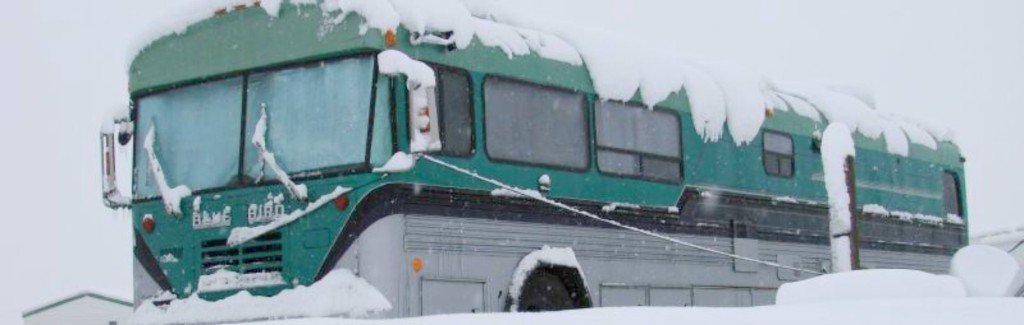 RV bus in the snow