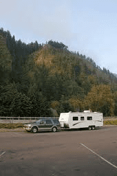 Travel trailer in a parking lot